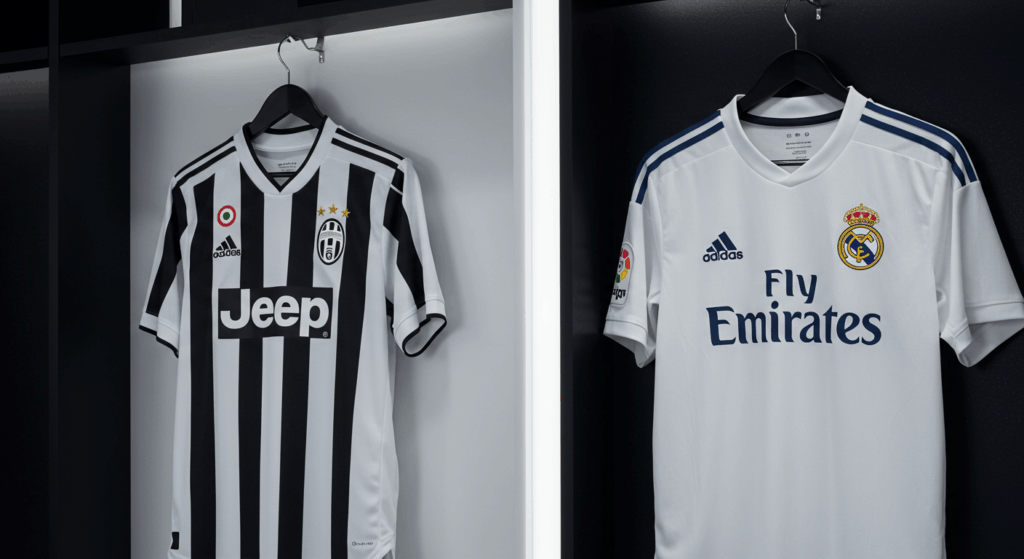 Áo đấu của hai câu lạc bộ, biểu tượng cho cuộc đối đầu Real Madrid đấu với Juventus.